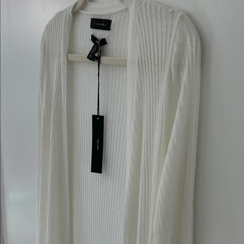Tahari Sweater Women’s M White Linen Open Front Duster Romantic Feminine - Picture 11 of 16
